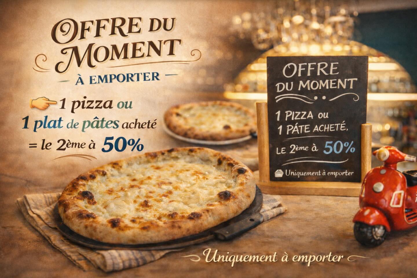 🍕 OFFRE DU MOMENT – À EMPORTER 🍝

Une petite faim… ou une très bonne excuse ...!

👉 1 pizza OU 1 plat de pâtes acheté = le 2ᵉ à -50%

Oui, oui. La deuxième moitié prix.

📦 Offre valable uniquement à emporter
⏳ Offre du moment, alors on en profite !

📞 Commandes sur place ou par téléphone